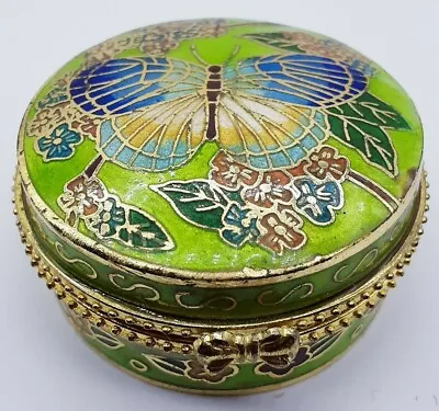 Vintage Round Enamel Asian Floral Cloisonne Hinged Trinket Box Butterfly Green X • $20.04