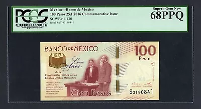 Mexico 100 Pesos 25-1-2016 P130 Commemorative Issue Uncirculated Graded 68 • $34.99