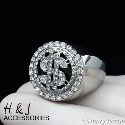 MEN's Stainless Steel BLING CZ Silver $ Dollar Sign Black Onyx Round Ring*ATR141 • $17.99