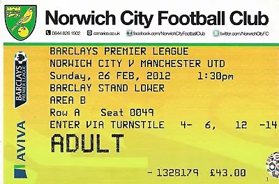 Ticket Stub Norwich City V Manchester United 2012/13 • £2.99