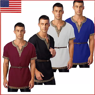 US Men Viking Tunic Short Sleeve Retro Trims Robe Medieval Renaissance Shirt Top • $17.10