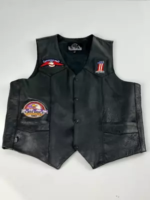 Vtg Leather King Black Motorcycle Biker Vest 46 Snap Patches Sturgis Eagle 100yr • $99.99