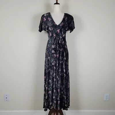 Black Floral Dress Womens Medium Velvet Vintage Long Maxi • $40