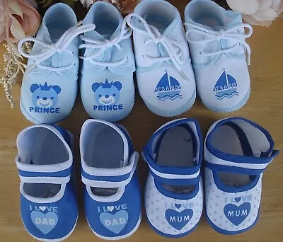 Baby Boy Pram Shoes Canvas I Love Mum I Love Dad Print Blue White Teddy Boat 0 3 • £4.49