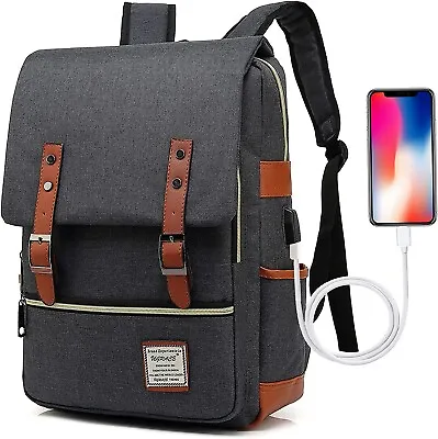 Vintage Slim Laptop Backpack With USB Charging Port For Casual Daypacks (Black) • $19.95