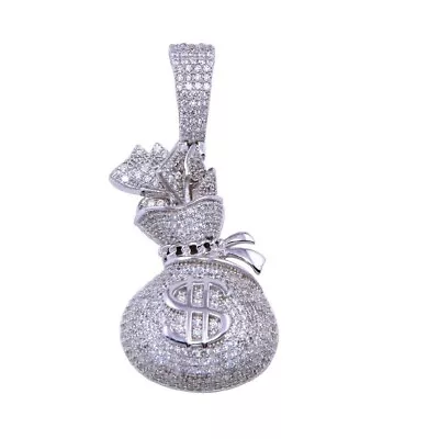 Sterling Silver MONEY BAG Hip Hop Pendant W/ Micro Pave CZ Stones • $49.99