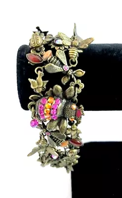 Vintage Signed MARY DEMARCO Bird & Flower Motif Ornate Brass Bracelet • $65