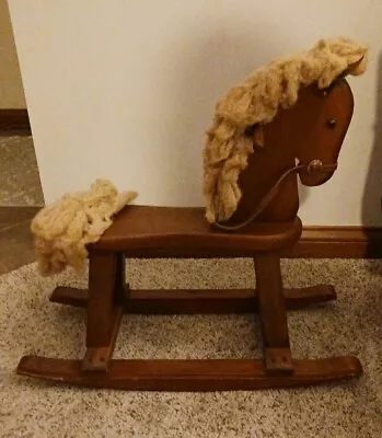 Vintage 1990's Child's Wooden Rocking Horse With Rag Mop Mane And Tail 24  • $145