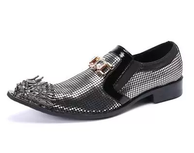 Men's New Fashion Metal Head Pointy Toe Diamante Shine Leather Shoes Party Shoes • $117.39