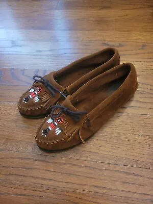 Minnetonka Moccasin Women Sz 8-8 1/2 Thunderbird Shoes Brown Beaded Suede Hard • $11.11