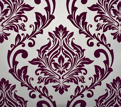 Exclusive Tuscany Velvet Flock Purple/Beige Brown Damask Wallpaper (J802) • £29.99