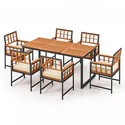 7PCS Dining Set Outdoor Acacia Wood Table W/ Soft Cushions Umbrella Hole Patio • $599.99