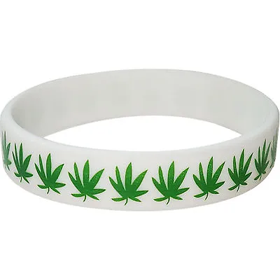 White Cannabis Leaf Rubber Silicone Hippy Wristband Bracelet Bangle Womens Mens • £2.99