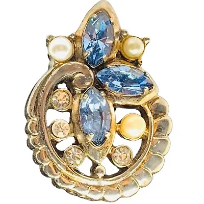 Vintage Art Deco McClelland Barclay Blue Sapphire Clear Rhinestone Brooch • $56.92