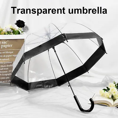 Large Dome Umbrella Clear See Through Rain Walking Transparent Brolly Windproof • £7.59