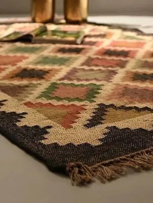 Vintage Handmade Rug Wool Jute Kilim Living Room Runner Rectangle Rug Carpet • £133.85