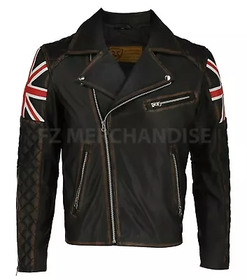 Mens Biker Vintage Distressed Brown Union Jack Cafe Racer Leather Jacket UK Flag • £49.99