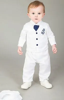  Baby Boys Christening Outfit / Christening Suit 4pc Sailor Suit White Navy • £29.99