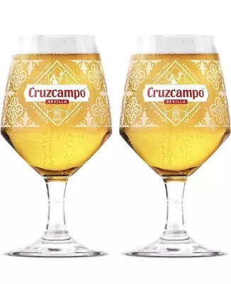 Set Of 2 X Cruzcampo Glass Pint Chalice Glasses 20oz Brand New Genuine+2freemats • £10.49