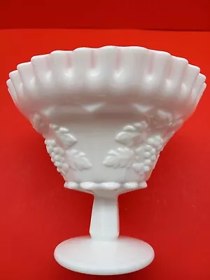 Vintage WESTMORELAND Milk Glass Compote Pedestal Dish GRAPES Ruffle Top 7.5x 6” • $14.95