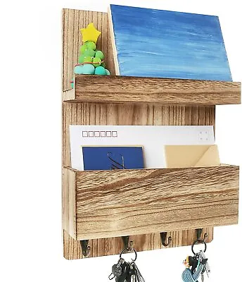 Mail Holder Wall Mounted Mail Organizer Key Hooks Wood Mail Sorter Home Decor • $19.94