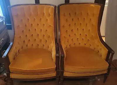 2 Vintage Gold Velvet Button Tufted Armchairs Chair Pair • $124.99