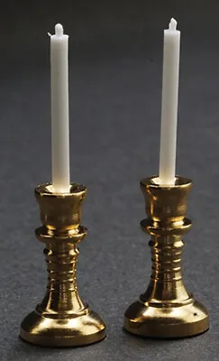 Dollhouse Miniature Set Of 2 Brass Candlesticks With Candles  -- 1:12 Scale • $5