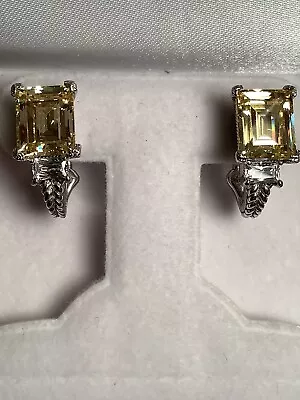 Judith Ripka 925 Silver Emerald Cut Canary Crystal & CZ  J Hoop Earrings  • $99