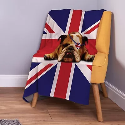 British Bulldog Union Jack Design Soft Fleece Throw Blanket • £33.99