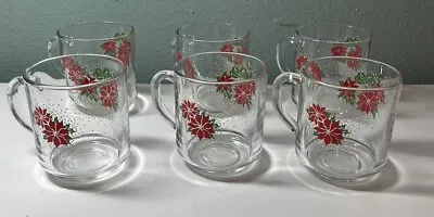 VINTAGE LUMINARC SET OF 6 GLASS CHRISTMAS MUG POINSETTIA 3x3” • $25