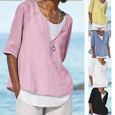 Summer Womens V-Neck Solid Linen Tops T Shirts Casual Loose Blouse Shirts UK • £7.13