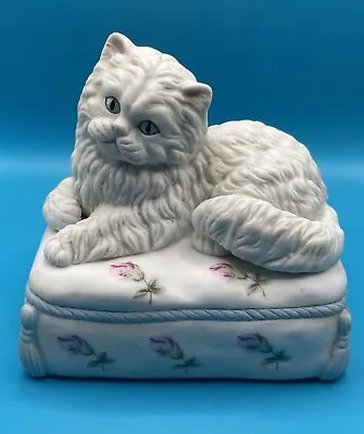 Vintage Ceramic Persian Cat Kitten White Music Box Figurine Mann Japan 1982 4x3 • $19.95
