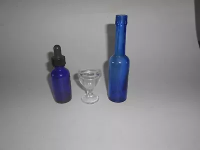 Vintage Cobalt Blue Bottle Dropper Bottle & Clear Eye Wash  Glass  Cup • $12.99