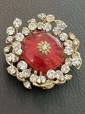 Vintage Faux Ruby Red Glass Rhinestones Signed MIRIAM HASKELL Pin Brooch • $298