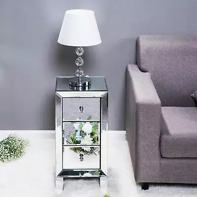 Mirrored Bedside Table Cabinet Glass Nightstand Crystal Knobs 3-Drawer • £89.99