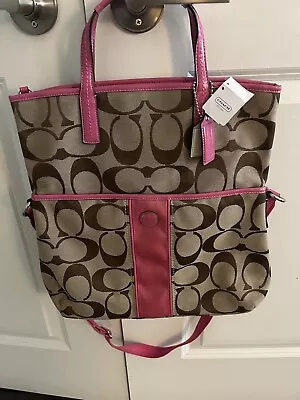 NWT NEW COACH Fold Over Tote Purse Bag Signature Stripe Pink Style F23304 • £91.69