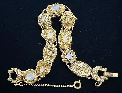 Vintage Goldette Victorian Revival Moonstone Slide Charm Bracelet Angels Bees GC • $54