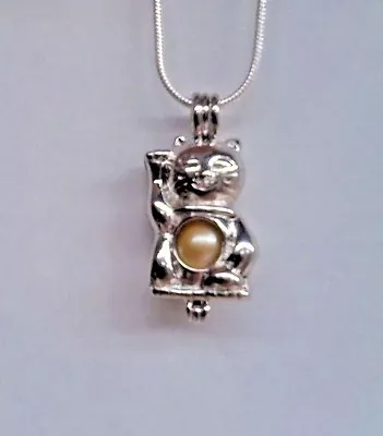 Make A Wish Pearl Cage Pendant Necklace - Lucky Cat - 925 Chain+Pearl Included • $11.95