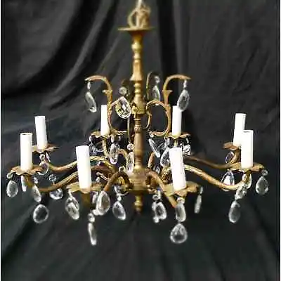 VTG Brass Bronze Crystal Chandelier Spanish French 8-Arm Hollywood Regency Glam • $547