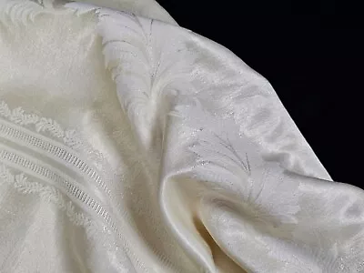 Vintage Tablecloth Linen Damask Cream Ivory Floral Leaves Stripe 88  X 90  • $3.99