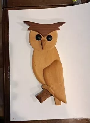 Vintage Cut Wood Owl Wall Plaque MCM Hand Made 10.5  Tall • $26.99