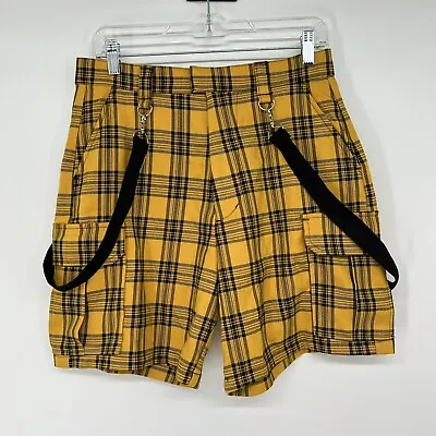 Hot Topic Yellow Plaid Cargo Suspender Bermuda Shorts Size M Juniors Women • $18.36