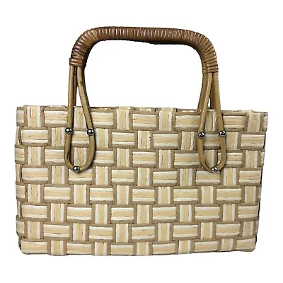 3952 VTG Italian Hand Woven Straw Bag Bamboo Double Handles Tote Purse Handbag • $29.75