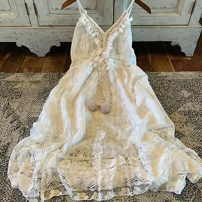 S New Boho White Lace Midi Festival Summer Dress Vtg 70s Ins Womens Size Small • $64.50