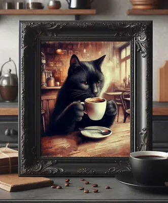 Black Cat Drinking Coffee In Cafe Vintage Drawing Painting Print Wall Art • $7.99