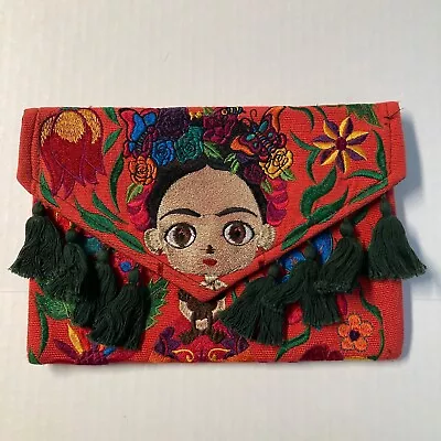 Small Embroidered Frida Kahlo Clutch Purse Tassels Floral Flap & Zip Close • $17.99