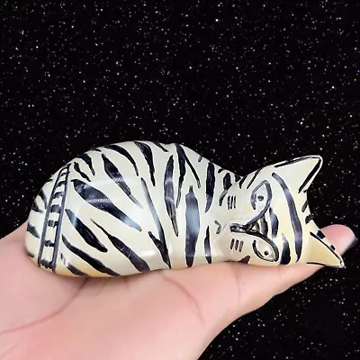 Vintage Soapstone Figurine Resting Cat White Black Strips Cat Paperweight 4.5 W • £20.83