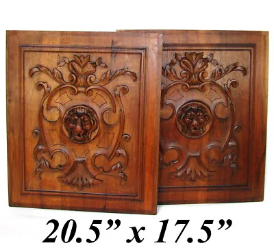 Antique Victorian Carved Walnut Furniture Or Cabinet Door Panel PAIR Lion Heads • $746.25