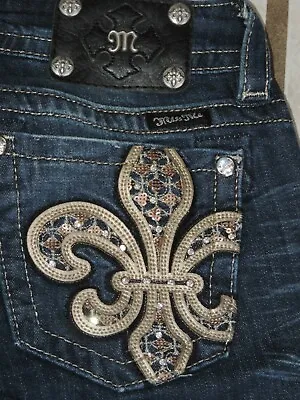 Womens Bke Buckle MISS ME Boot Jeans Sz 26 X 33.5 Silver Gold Sequins Bling • $13.99