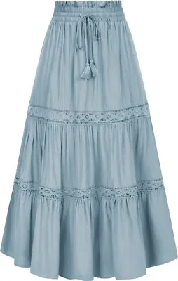 Women Maxi Long Skirt  Elastic High Waist Swing Skirt For Women -Light Blue • £22.99